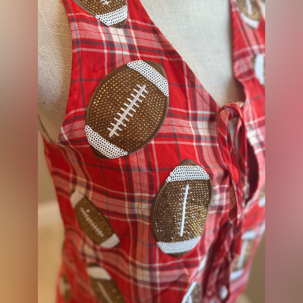 New! Rare SET! QUEEN OF SPARKLES Red Plaid Rhinestone Football Shorts & Tank - Picture 10 of 13